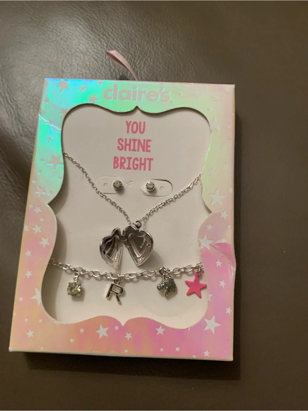 Claire's Silver Locket Heart 🤍 Initial “R” Charm Jewelry Set of 3 -